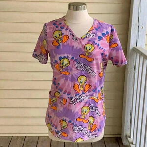 Looney Tunes Scrub Top Tweety Bird Pink  Purple Tie Dye Size Large Scrubs Nurse